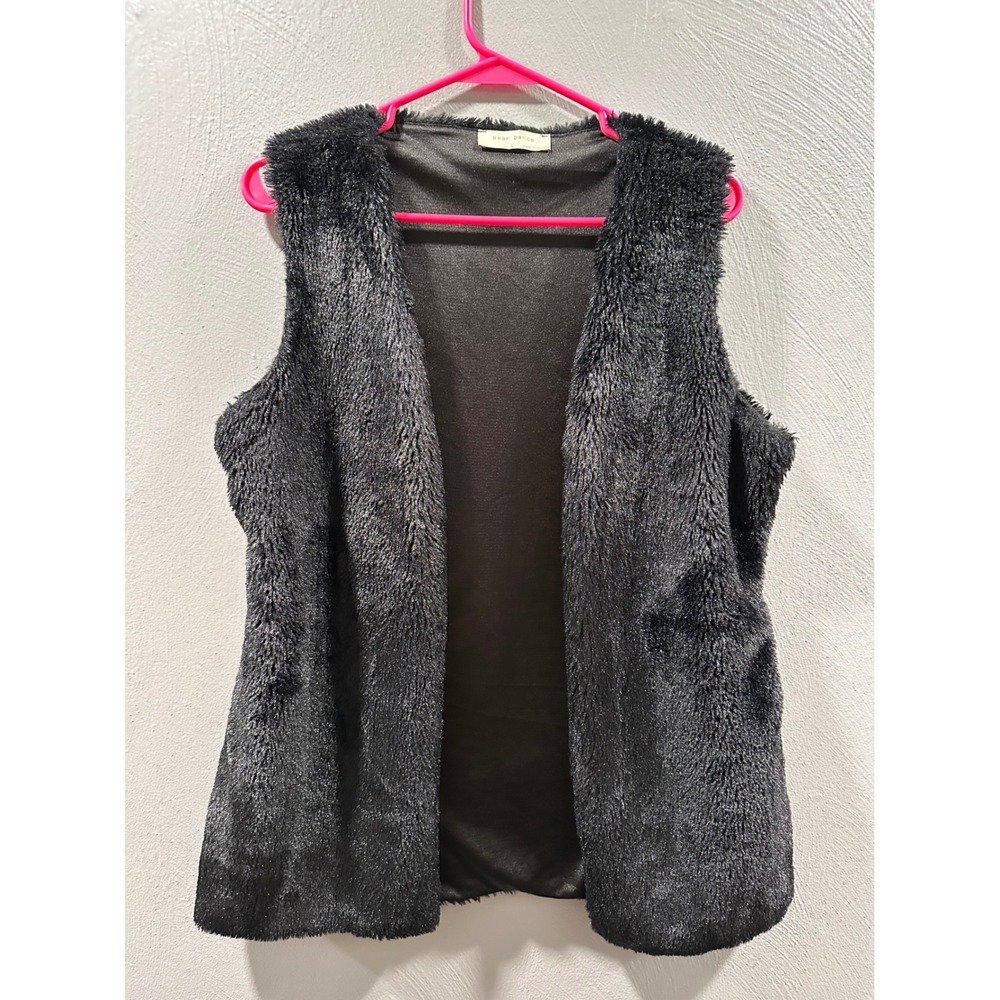 Bear Dance Womens Black Faux Fur Open Front Vest Shaggy Plush Layering Top L